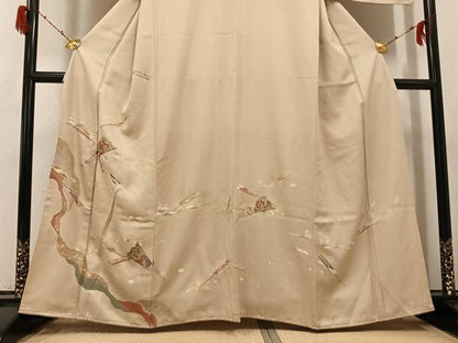 平和屋着物●訪問着　駒刺繍　舞扇花文　金彩　正絹　逸品　AABH3051ph