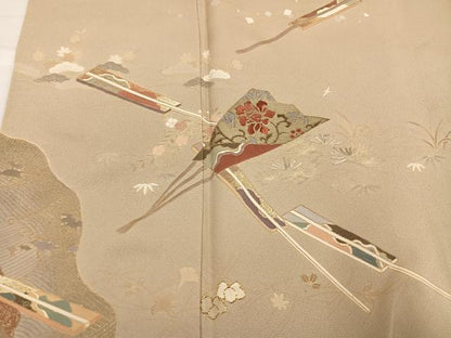 平和屋着物●訪問着　駒刺繍　舞扇花文　金彩　正絹　逸品　AABH3051ph