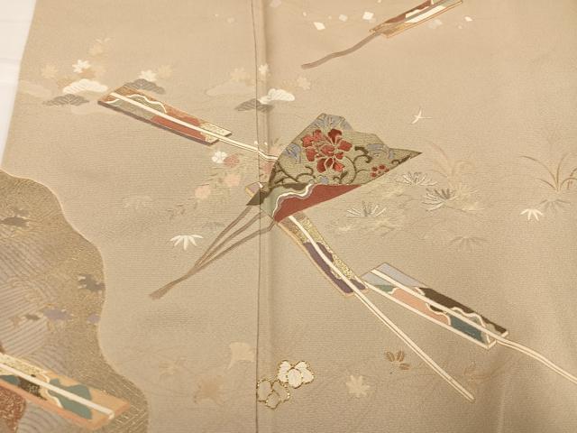 平和屋着物●訪問着　駒刺繍　舞扇花文　金彩　正絹　逸品　AABH3051ph