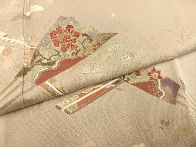 平和屋着物●訪問着　駒刺繍　舞扇花文　金彩　正絹　逸品　AABH3051ph