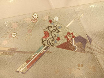 平和屋着物●訪問着　駒刺繍　舞扇花文　金彩　正絹　逸品　AABH3051ph