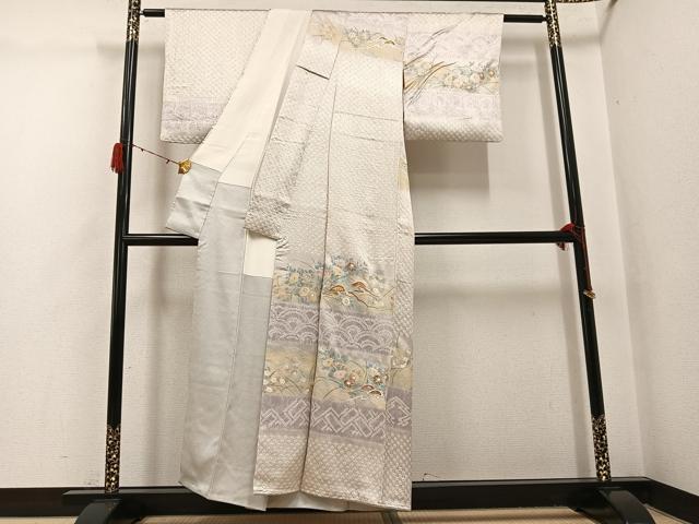 平和屋着物●訪問着　手描き　絞り　刺繍　草花文　金銀彩　正絹　逸品　AABH3052ph