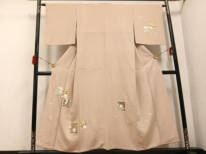 平和屋着物●訪問着　友禅　駒刺繍　色紙松竹梅　鶴　金彩　正絹　逸品　AABH3060ph