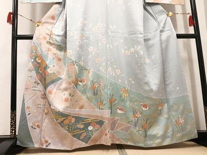 平和屋着物●訪問着　駒刺繍　鴛鴦花文　金彩　正絹　逸品　AABH3078ph