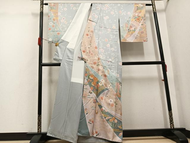 平和屋着物●訪問着　駒刺繍　鴛鴦花文　金彩　正絹　逸品　AABH3078ph