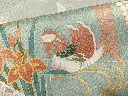 平和屋着物●訪問着　駒刺繍　鴛鴦花文　金彩　正絹　逸品　AABH3078ph