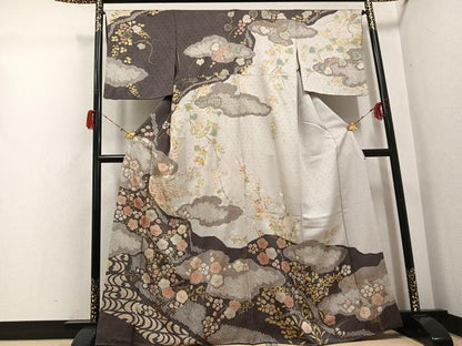平和屋着物●訪問着　絞り　草花文　金彩　正絹　逸品　AABH3079ph
