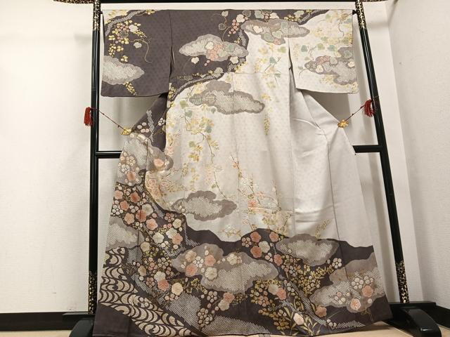 平和屋着物●訪問着　絞り　草花文　金彩　正絹　逸品　AABH3079ph