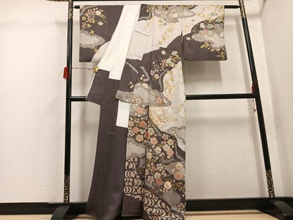 平和屋着物●訪問着　絞り　草花文　金彩　正絹　逸品　AABH3079ph