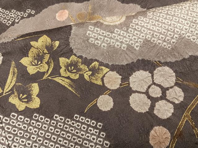 平和屋着物●訪問着　絞り　草花文　金彩　正絹　逸品　AABH3079ph
