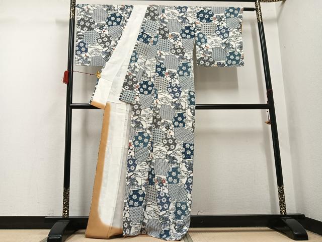 平和屋着物●手ざし京紅型染・宮崎紅型　宮崎良次　小紋　風景草花文　正絹　逸品　AABH3080ph 平和屋着物○手ざし京紅型染・宮崎紅型 宮崎良次 小紋 風景