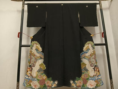 平和屋着物●アンティーク　大正ロマン　黒留袖　群れ鶴花文　正絹　逸品　AABH3086ph