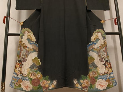 平和屋着物●アンティーク　大正ロマン　黒留袖　群れ鶴花文　正絹　逸品　AABH3086ph
