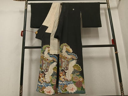平和屋着物●アンティーク　大正ロマン　黒留袖　群れ鶴花文　正絹　逸品　AABH3086ph