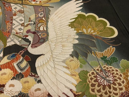 平和屋着物●アンティーク　大正ロマン　黒留袖　群れ鶴花文　正絹　逸品　AABH3086ph