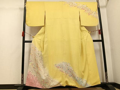 平和屋着物●訪問着　絞り　流水花文　暈し染め　銀糸　正絹　逸品　AABH3094ph