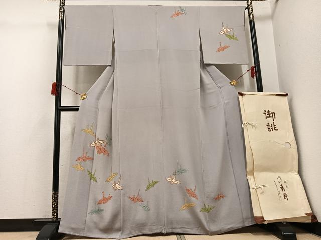 平和屋着物●訪問着　折り鶴　金彩　鬼しぼ縮緬　銀座秀粋　たとう紙付き　正絹　逸品　AABH3098ph
