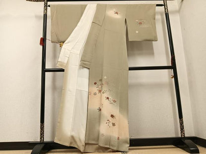 平和屋着物●訪問着　刺繍　草花文　暈し染め　金彩　鬼しぼ縮緬　銀座秀粋　たとう紙付き　正絹　逸品　AABH3099ph