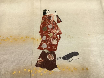 平和屋着物●訪問着　刺繍　女人舞扇花文　暈し染め　金彩　銀座秀粋　たとう紙付き　正絹　逸品　AABH3100ph