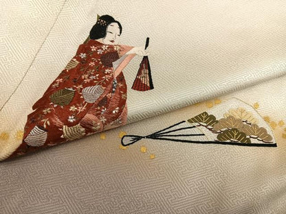 平和屋着物●訪問着　刺繍　女人舞扇花文　暈し染め　金彩　銀座秀粋　たとう紙付き　正絹　逸品　AABH3100ph