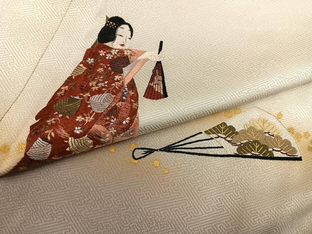 平和屋着物●訪問着　刺繍　女人舞扇花文　暈し染め　金彩　銀座秀粋　たとう紙付き　正絹　逸品　AABH3100ph