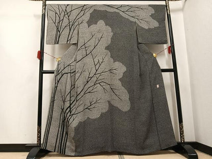 平和屋着物●二代目 川村久太郎　訪問着　樹林文　黒地　正絹　逸品　AABH3123ph