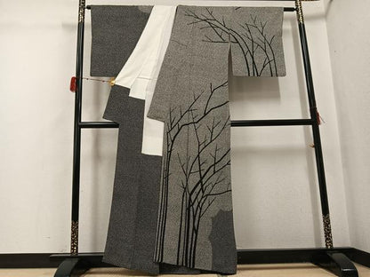 平和屋着物●二代目 川村久太郎　訪問着　樹林文　黒地　正絹　逸品　AABH3123ph