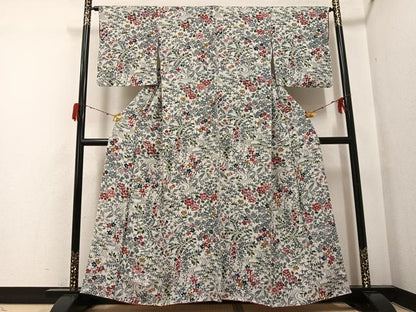 平和屋着物●上質な小紋　型染め　草花文　鬼しぼ縮緬　正絹　逸品　未使用　AABH3129ph