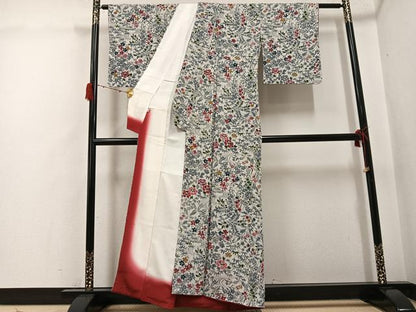 平和屋着物●上質な小紋　型染め　草花文　鬼しぼ縮緬　正絹　逸品　未使用　AABH3129ph