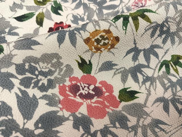 平和屋着物●上質な小紋　型染め　草花文　鬼しぼ縮緬　正絹　逸品　未使用　AABH3129ph