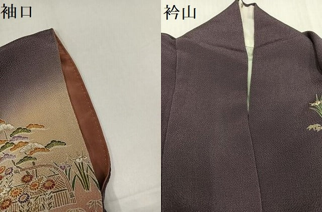 平和屋着物●訪問着　友禅　駒刺繍　流水草花文　暈し染め　金彩　鬼しぼ縮緬　正絹　逸品　AABH3130ph