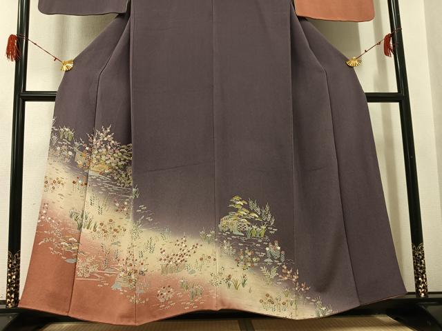 平和屋着物●訪問着　友禅　駒刺繍　流水草花文　暈し染め　金彩　鬼しぼ縮緬　正絹　逸品　AABH3130ph