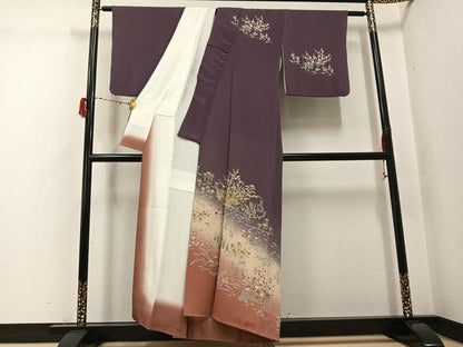平和屋着物●訪問着　友禅　駒刺繍　流水草花文　暈し染め　金彩　鬼しぼ縮緬　正絹　逸品　AABH3130ph