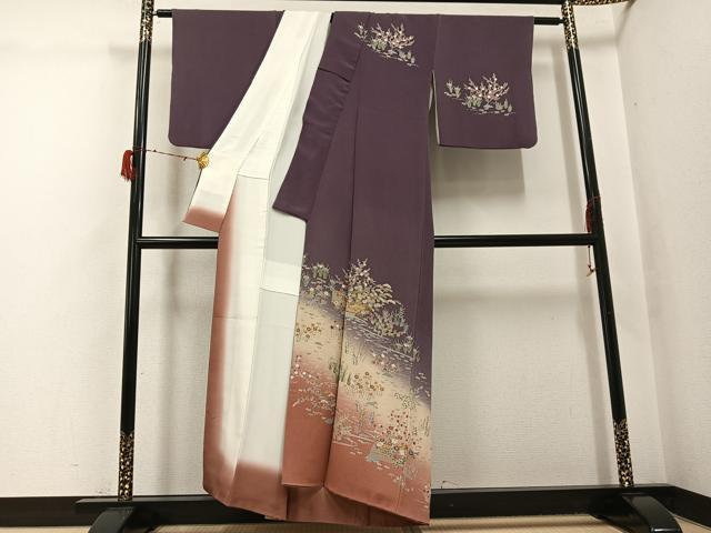 平和屋着物●訪問着　友禅　駒刺繍　流水草花文　暈し染め　金彩　鬼しぼ縮緬　正絹　逸品　AABH3130ph