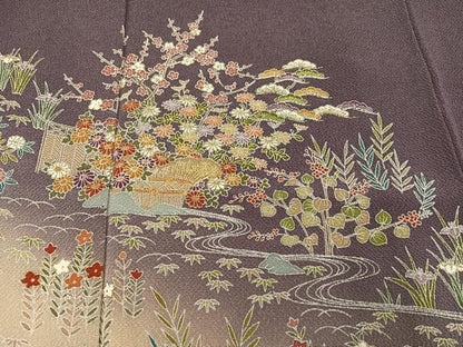 平和屋着物●訪問着　友禅　駒刺繍　流水草花文　暈し染め　金彩　鬼しぼ縮緬　正絹　逸品　AABH3130ph