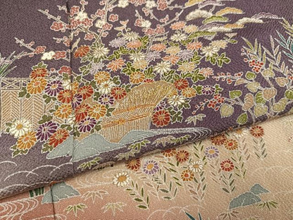 平和屋着物●訪問着　友禅　駒刺繍　流水草花文　暈し染め　金彩　鬼しぼ縮緬　正絹　逸品　AABH3130ph