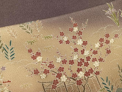 平和屋着物●訪問着　友禅　駒刺繍　流水草花文　暈し染め　金彩　鬼しぼ縮緬　正絹　逸品　AABH3130ph
