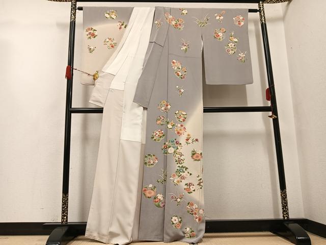 平和屋着物●訪問着　草花文　暈し染め　鬼しぼ縮緬　正絹　逸品　AABH3133ph