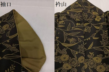 平和屋着物●上質な小紋　型染め　草花舞蝶文　黒緑色　正絹　逸品　AABH3135ph