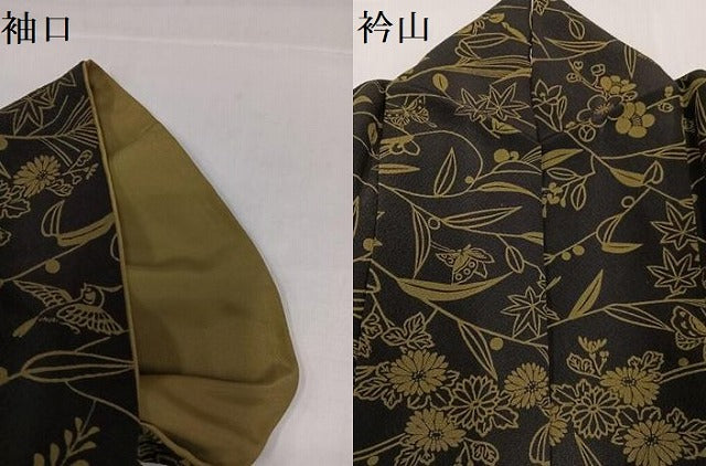 平和屋着物●上質な小紋　型染め　草花舞蝶文　黒緑色　正絹　逸品　AABH3135ph