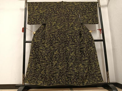 平和屋着物●上質な小紋　型染め　草花舞蝶文　黒緑色　正絹　逸品　AABH3135ph