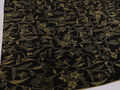 平和屋着物●上質な小紋　型染め　草花舞蝶文　黒緑色　正絹　逸品　AABH3135ph