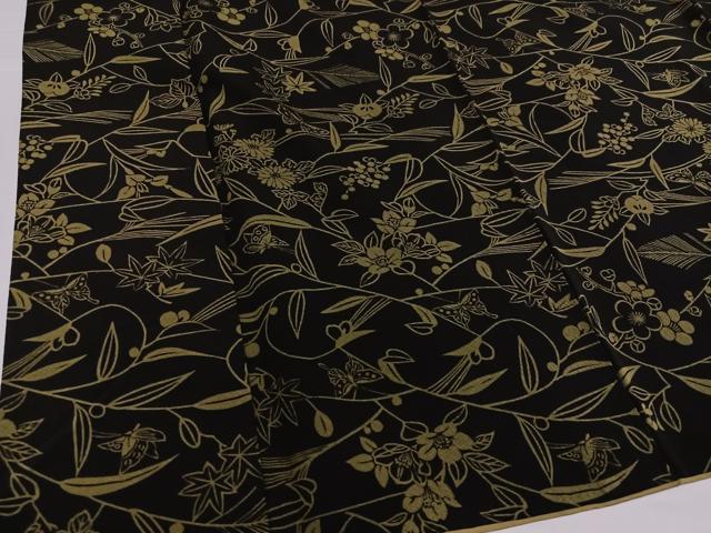 平和屋着物●上質な小紋　型染め　草花舞蝶文　黒緑色　正絹　逸品　AABH3135ph