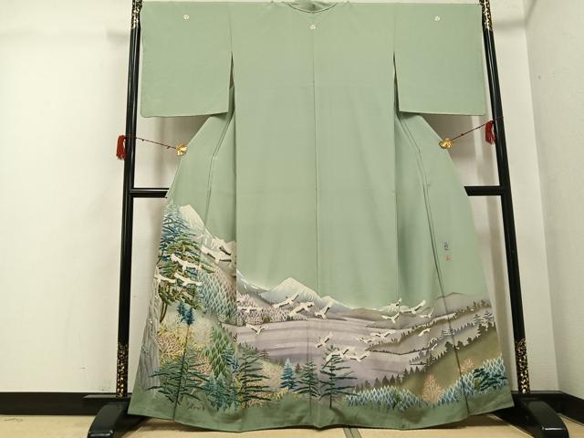 平和屋着物●本加賀友禅作家　西尾翆峰　色留袖　遠山群れ鶴樹林文　暈し染め　正絹　逸品　未使用　AABH3138ph