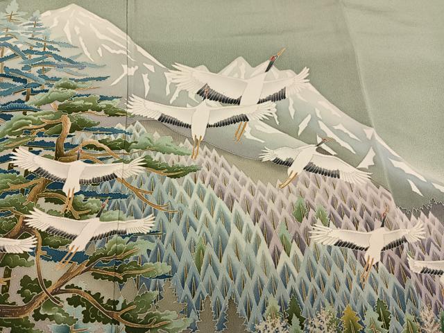 平和屋着物●本加賀友禅作家　西尾翆峰　色留袖　遠山群れ鶴樹林文　暈し染め　正絹　逸品　未使用　AABH3138ph