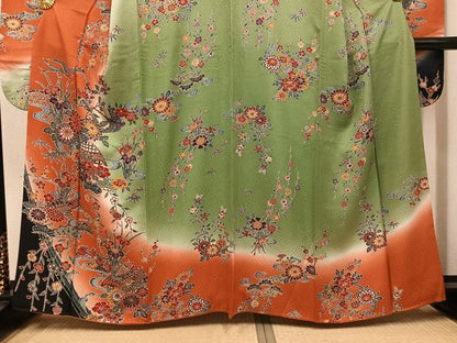 平和屋着物●豪華振袖　型染め　流水草花文　暈し染め　正絹　逸品　AABH3153ph