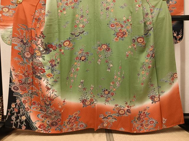 平和屋着物●豪華振袖　型染め　流水草花文　暈し染め　正絹　逸品　AABH3153ph