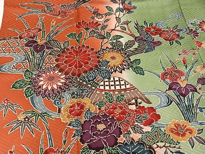 平和屋着物●豪華振袖　型染め　流水草花文　暈し染め　正絹　逸品　AABH3153ph