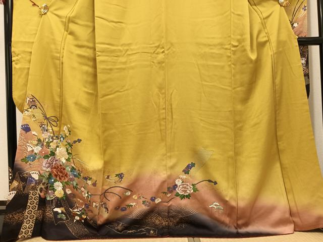 平和屋着物●豪華振袖　駒刺繍　御所車檜扇花文　暈し染め　金彩　正絹　逸品　AABH3155ph