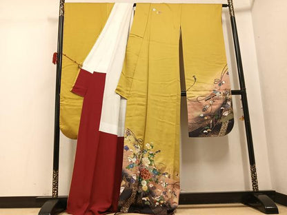 平和屋着物●豪華振袖　駒刺繍　御所車檜扇花文　暈し染め　金彩　正絹　逸品　AABH3155ph